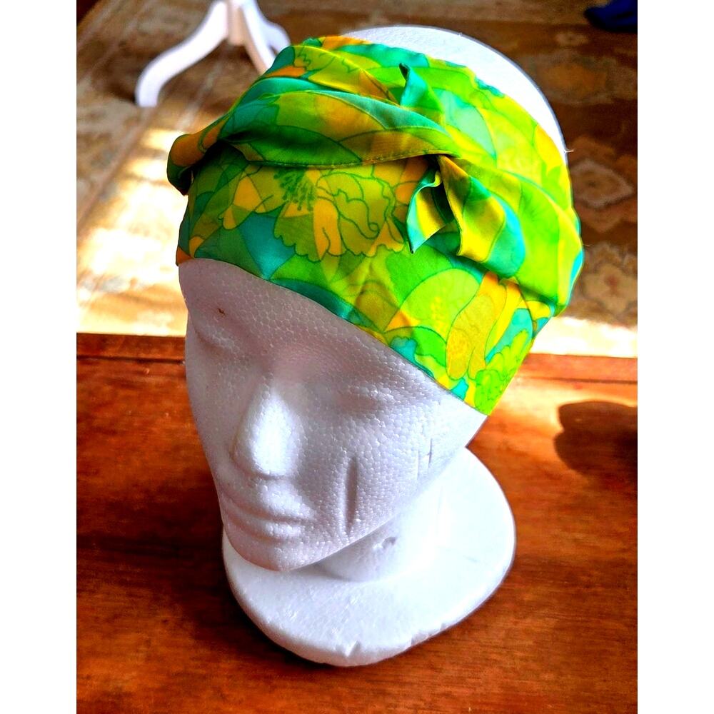 Vtg 1970's Flower Power Boho Long Chiffon Scarf Head Wrap Cravat Day Glo Colors